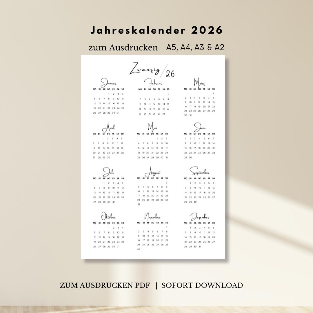Jahreskalender 2026 zum Ausdrucken auf einer Seite | Digitaler Download
