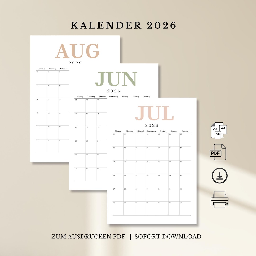 Kalender 2026 zum Ausdrucken – PDF Monatskalender zum Sofort-Download
