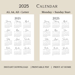 Jahreskalender 2025 zum Ausdrucken, PDF A5,A4,A3, Letter Hochformat, Sofort-Download, Minimalistisches Design Wochenstart: Montag & Sonntag