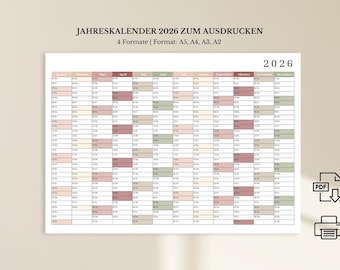 Jahreskalender 2026 zum Ausdrucken | Kalender 2026  Wandkalender A5, A4, A3, A2 | im Querformat /Deutsch Jahresplaner 2026