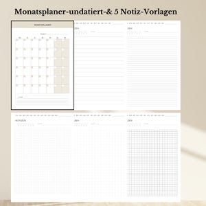 Op de afbeelding: Een printbare, niet-gedateerde maandplanner met vijf lege notitiepagina's. De planner heeft een beige achtergrond en zwarte tekst. De notitiepagina's zijn leeg en hebben een rasterpatroon.