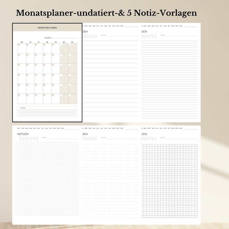 Op de afbeelding: Een printbare, niet-gedateerde maandplanner met vijf lege notitiepagina's. De planner heeft een beige achtergrond en zwarte tekst. De notitiepagina's zijn leeg en hebben een rasterpatroon.