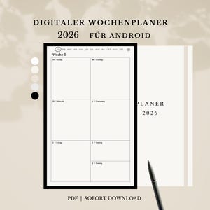 Peut inclure: Un planificateur hebdomadaire numérique pour 2026, conçu pour Android. Le planificateur à cadre noir présente une mise en page en grille avec les jours de la semaine et les abréviations des mois. Le texte "DIGITALER WOCHENPLANER 2026 FÜR ANDROID" est en haut. Un stylet est en bas à droite.