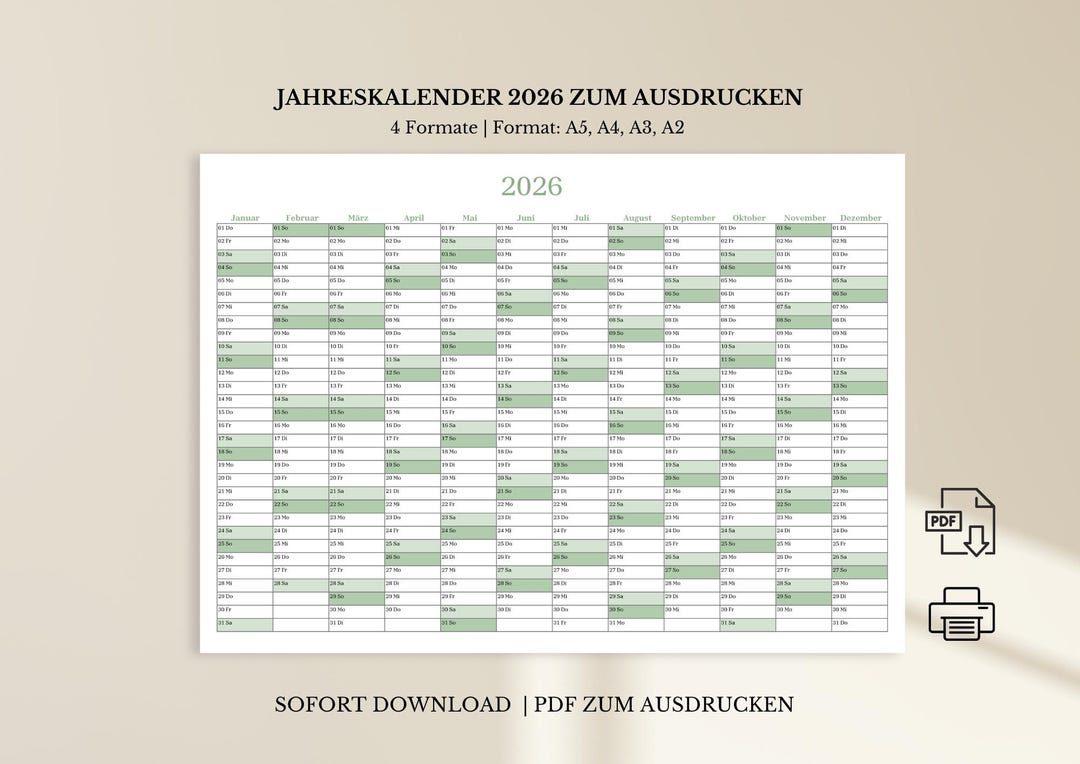 Jahreskalender 2026 zum Ausdrucken | Kalender 2026 Wandkalender A5, A4