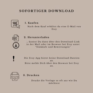 May include: A graphic with three steps for downloading and printing a digital product. The steps are: 1. Buy, 2. Download, and 3. Print. The graphic includes icons for a shopping cart, a PDF file, and a printer.