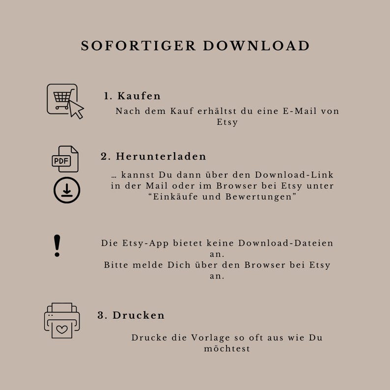 May include: A graphic with three steps for downloading and printing a digital product. The steps are: 1. Buy, 2. Download, and 3. Print. The graphic includes icons for a shopping cart, a PDF file, and a printer.