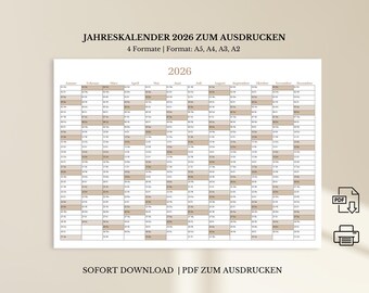 Printable 2026 calendar | 2026 wall calendar (A5, A4, A3, A2) | Landscape format / German 2026 planner