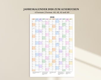 Printable 2026 calendar | 2026 wall calendar in A3, A2, A1 and A0 sizes | Portrait format / German 2026 planner