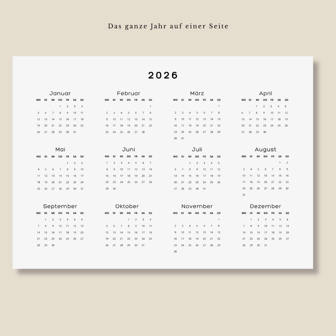 Jahreskalender 2026 zum Ausdrucken auf einer Seite | Digitaler Download