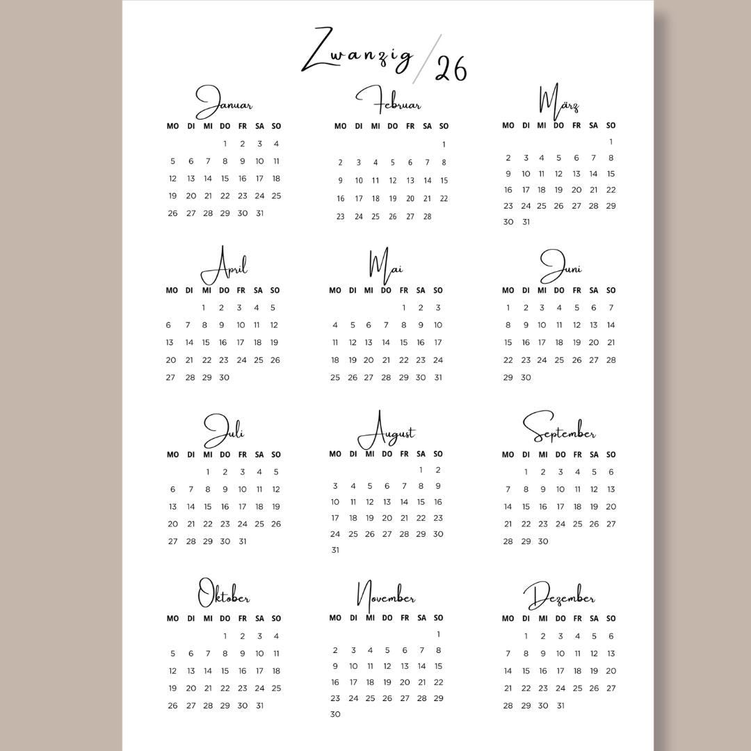 Jahreskalender 2026 zum Ausdrucken auf einer Seite | Digitaler Download