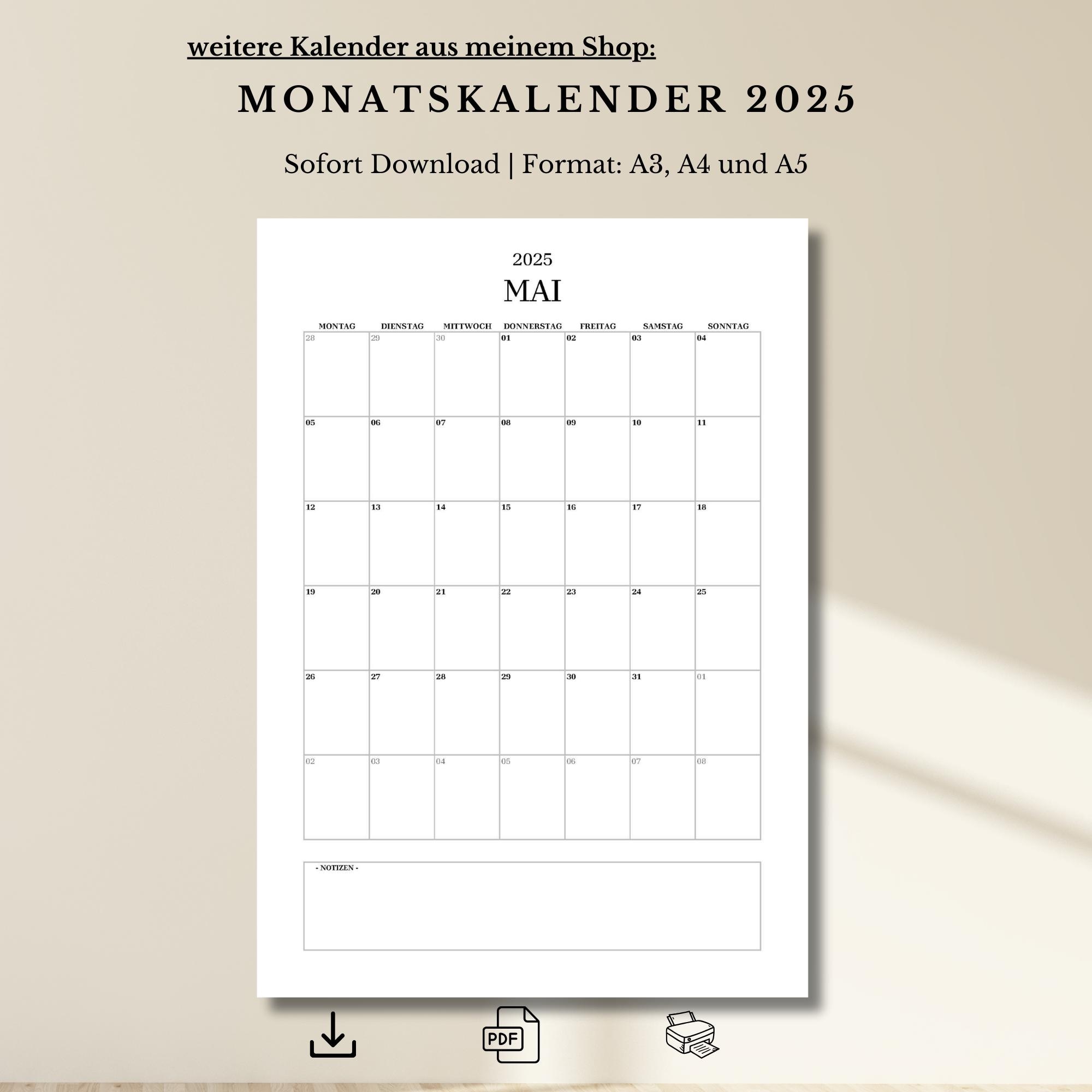 Kalender 2025 zum Ausdrucken, PDF ausfüllbar, A5, A4 und A3 Querformat