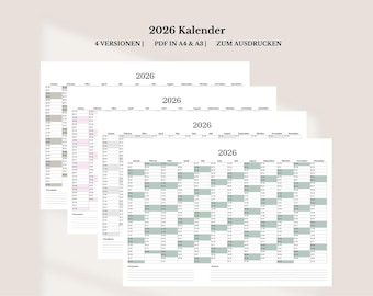 May include: Four printable calendar designs for the year 2026. The calendars are in different color schemes, including gray, white, and green. The text "2026 Kalender" is at the top of the page, along with the text "4 VERSIONEN | PDF IN A4 & A3 | ZUM AUSDRUCKEN".