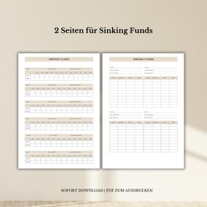 Op de afbeelding: Een printbaar PDF-document met twee pagina's voor het bijhouden van sinking funds. Het document heeft een lichtbruine achtergrond en de tekst "2 Seiten f&uuml;r Sinking Funds" staat bovenaan de pagina. Het document is getiteld "Sinking Funds" en heeft kolommen voor "Fund", "F&auml;lligkeit", "Gesamtbetrag", "Datum", "Monat", "Jahr", "Betrag" en "Notiz".