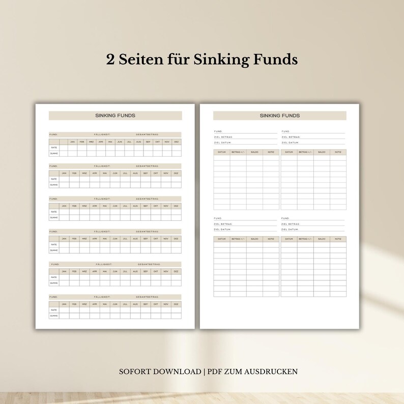 Op de afbeelding: Een printbaar PDF-document met twee pagina's voor het bijhouden van sinking funds. Het document heeft een lichtbruine achtergrond en de tekst "2 Seiten f&uuml;r Sinking Funds" staat bovenaan de pagina. Het document is getiteld "Sinking Funds" en heeft kolommen voor "Fund", "F&auml;lligkeit", "Gesamtbetrag", "Datum", "Monat", "Jahr", "Betrag" en "Notiz".