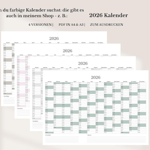 May include: Four printable 2026 calendars in different color schemes. The calendars are in PDF format and available in A4 and A3 sizes.