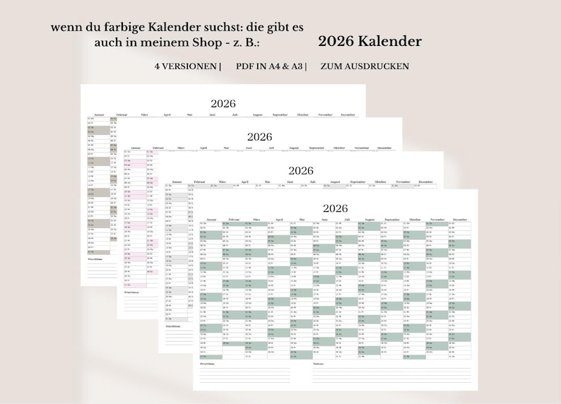 May include: Four printable 2026 calendars in different color schemes. The calendars are in PDF format and available in A4 and A3 sizes.