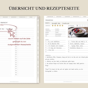 May include: A recipe book spread featuring a table of contents and a recipe. The left page shows a table of contents, and the right page details an "Overnight Oats" recipe with a photo of the finished dish.