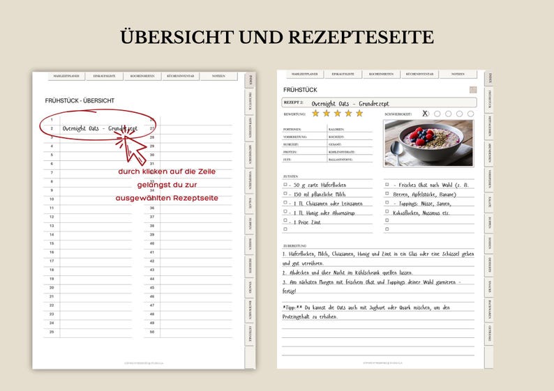 May include: A recipe book spread featuring a table of contents and a recipe. The left page shows a table of contents, and the right page details an "Overnight Oats" recipe with a photo of the finished dish.