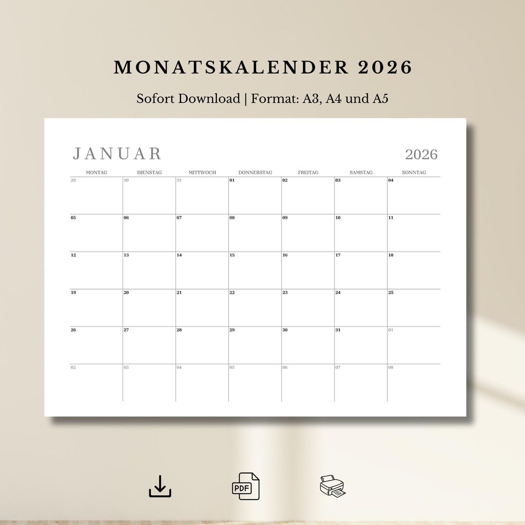 Kalender 2026 zum Ausdrucken – PDF Monatskalender zum Sofort-Download