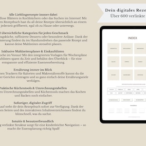 May include: A digital recipe book on a tablet, with an index page visible. The screen displays a grid of labelled squares, with German text. The background is a light beige. Over 600 linked pages.