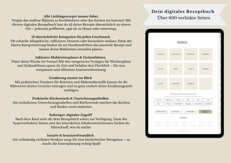 May include: A digital recipe book on a tablet, with an index page visible. The screen displays a grid of labelled squares, with German text. The background is a light beige. Over 600 linked pages.