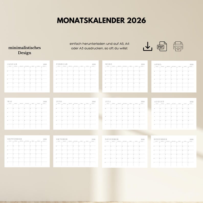 Kalender 2026 zum Ausdrucken – PDF Monatskalender zum Sofort-Download