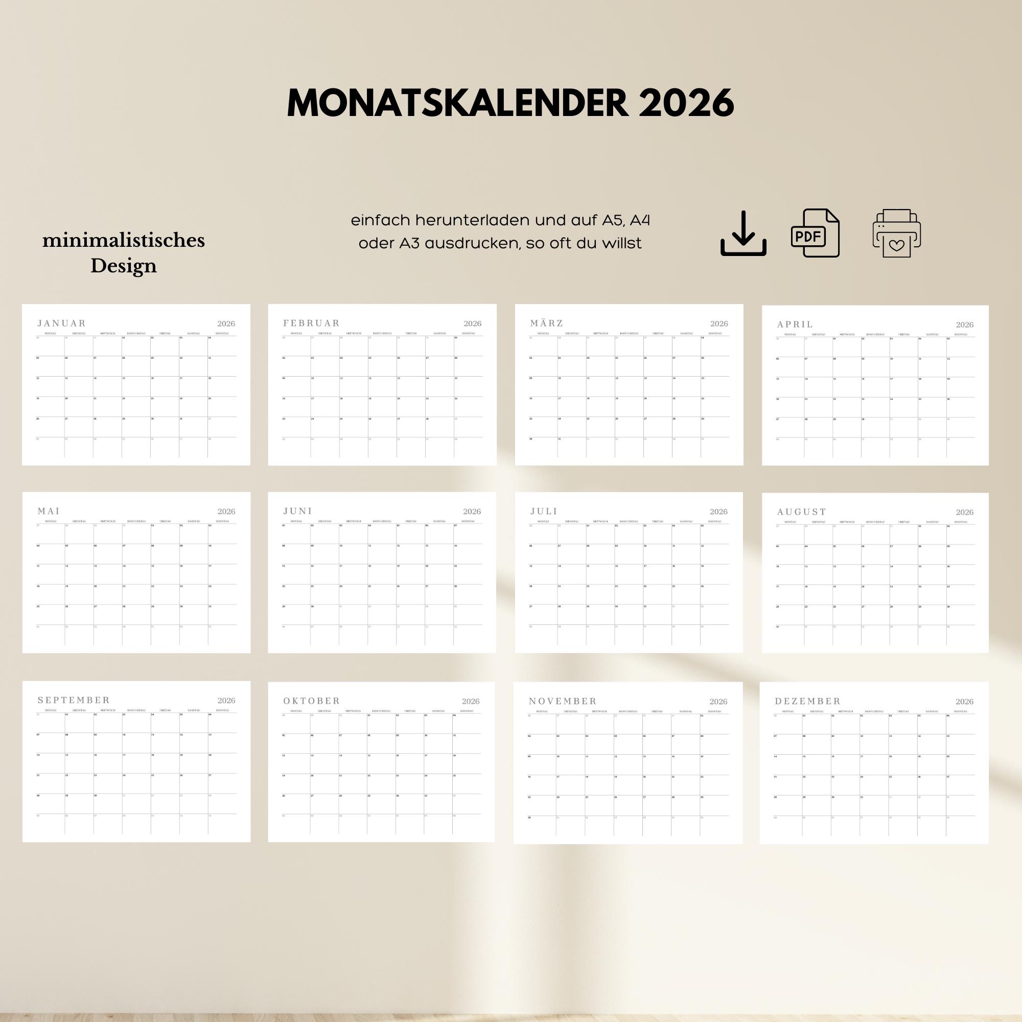 Kalender 2026 zum Ausdrucken – PDF Monatskalender zum Sofort-Download