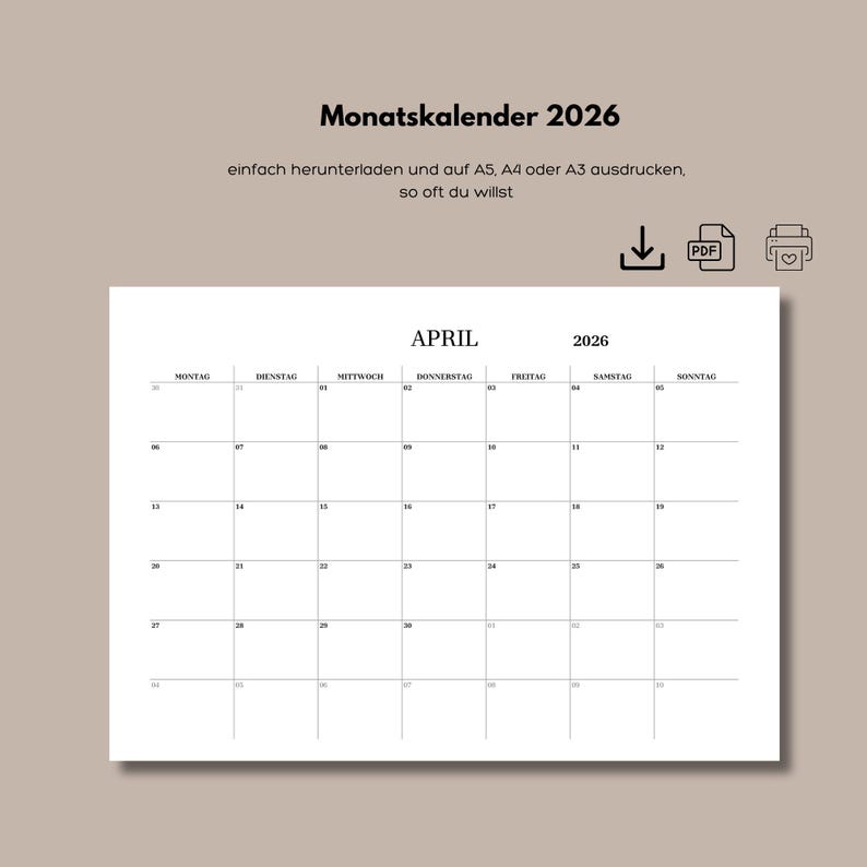 May include: A printable calendar for April 2026. The calendar is in black and white and has the days of the week listed at the top. The numbers 1 through 30 are listed in the boxes below.