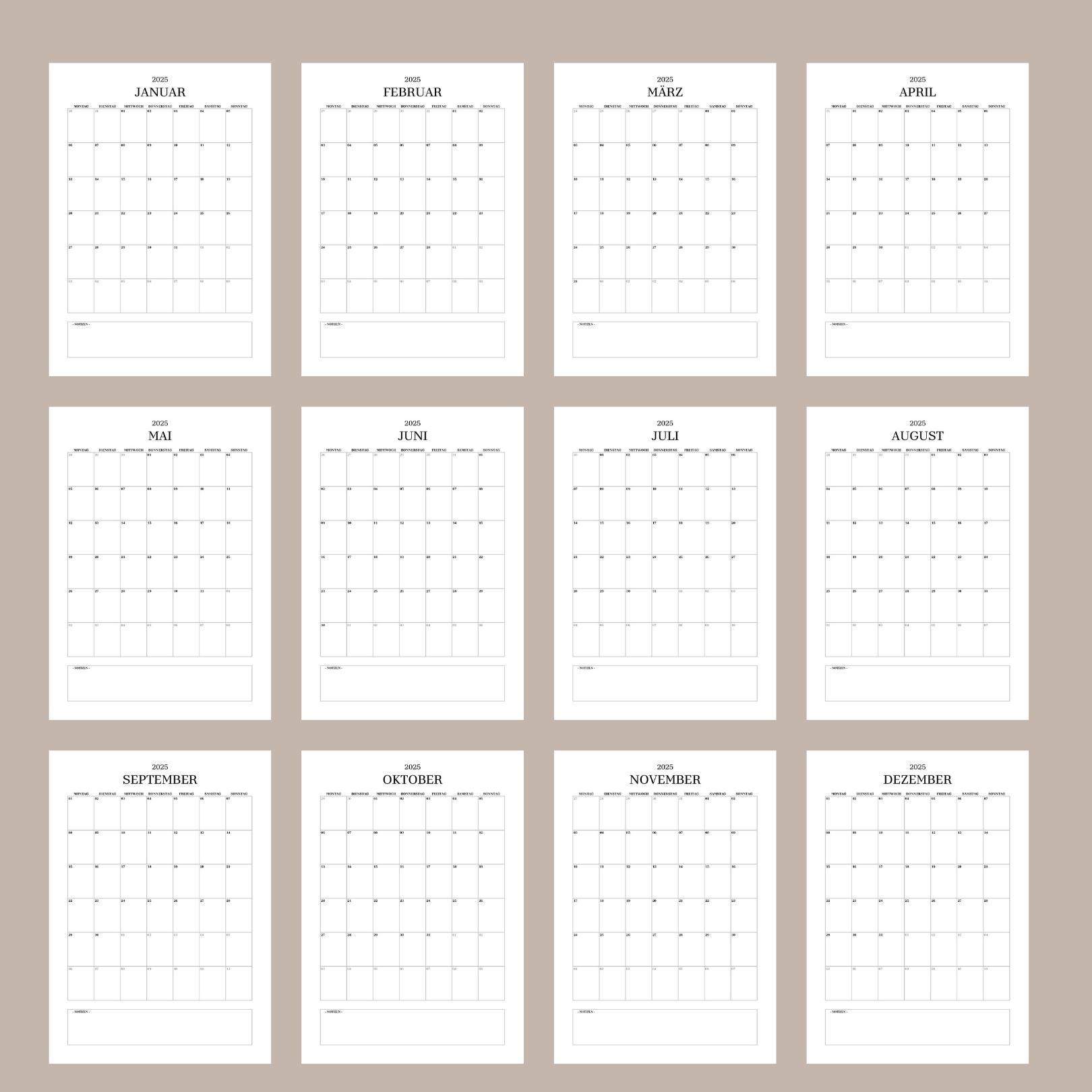  Kalender 2025 zum Ausdrucken, Monatsplaner 2025 , Deutsch, PDF A5, A4 Bildidee 