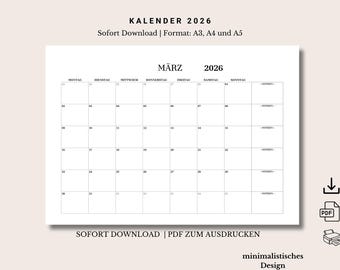 Kalender 2026, Monatsplaner 2026 zum Ausdrucken | Deutsch | PDF A5, A4,A3 Querformat, Digital Download, Minimalistisches Design