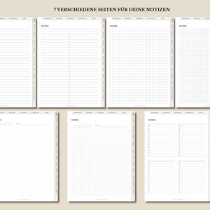 May include: A digital planner with seven different page styles for notes. The pages include lined, grid, dot grid, and list formats. The text "7 VERSCHIEDENE SEITEN F&Uuml;R DEINE NOTIZEN" is at the top.