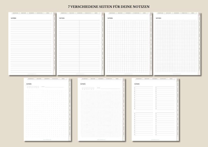 May include: A digital planner with seven different page styles for notes. The pages include lined, grid, dot grid, and list formats. The text "7 VERSCHIEDENE SEITEN F&Uuml;R DEINE NOTIZEN" is at the top.