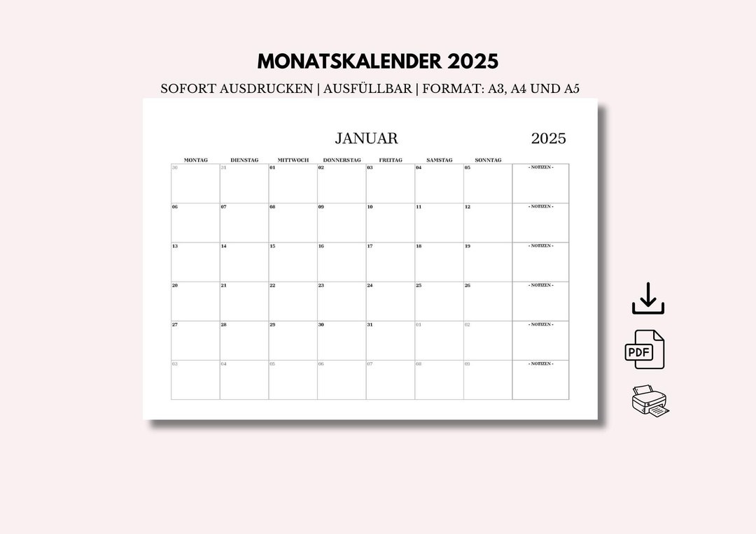 Kalender 2025 zum Ausdrucken, PDF ausfüllbar, A5, A4 und A3 Querformat