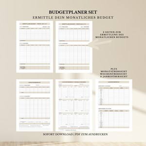 Op de afbeelding: Een printbare budgetplannerset met een beige achtergrond. De set bevat pagina's voor het bijhouden van vaste en variabele uitgaven, maandelijkse, wekelijkse en jaarlijkse samenvattingen. De tekst op de pagina luidt "Budgetplanner Set" en "Ermittle dein monatliches Budget".