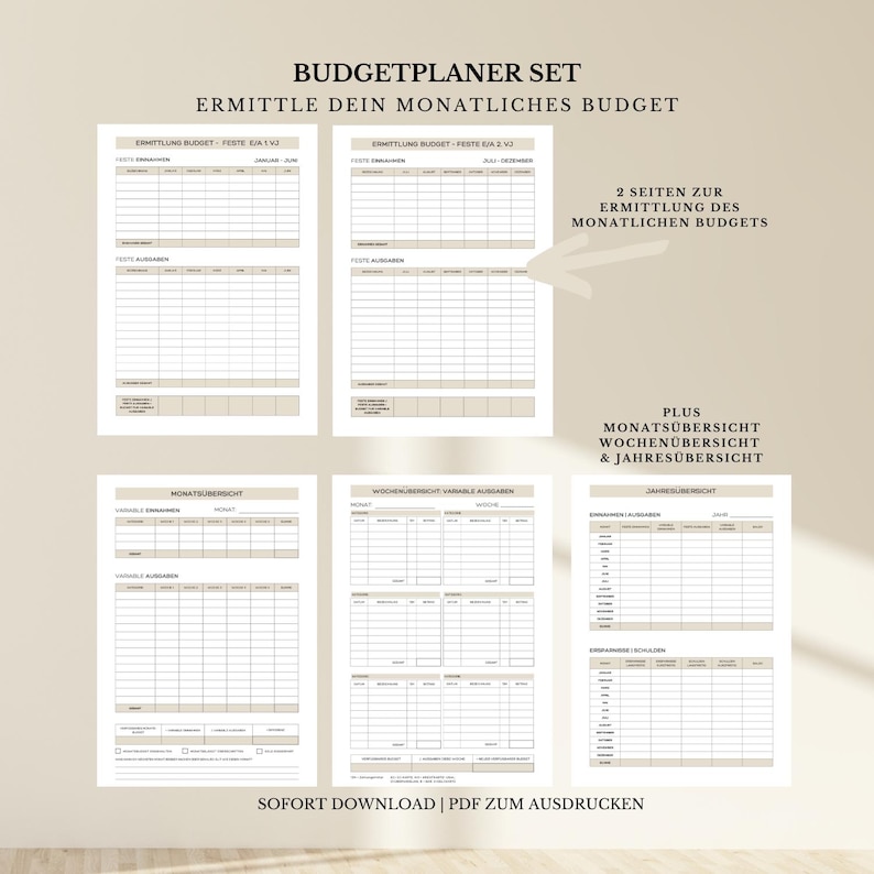 Op de afbeelding: Een printbare budgetplannerset met een beige achtergrond. De set bevat pagina's voor het bijhouden van vaste en variabele uitgaven, maandelijkse, wekelijkse en jaarlijkse samenvattingen. De tekst op de pagina luidt "Budgetplanner Set" en "Ermittle dein monatliches Budget".