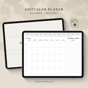 May include: Two black digital tablets displaying a digital planner. The planner features a calendar layout with the month of January visible, along with a to-do list and notes section. The text "DIGITALER PLANER" and "KALENDER - UNDATIERT" are at the top.