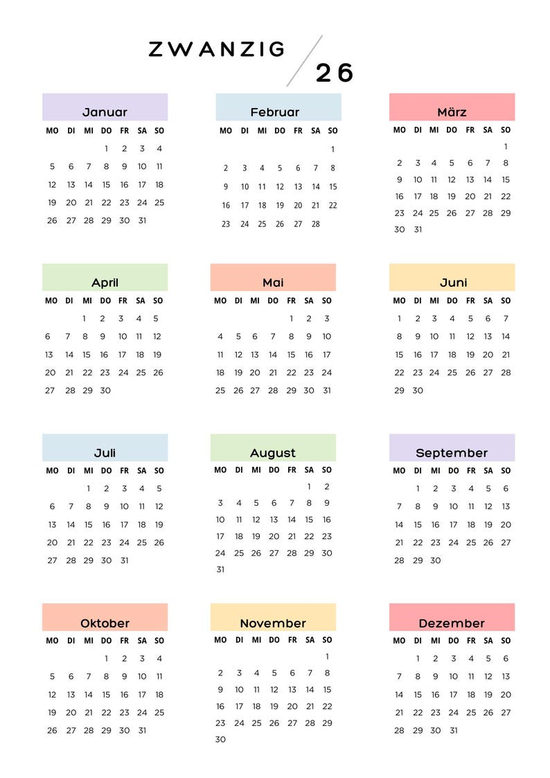 Jahreskalender 2026 zum Ausdrucken auf einer Seite -bunt | Digitaler