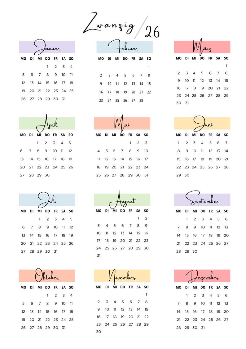Jahreskalender 2026 zum Ausdrucken auf einer Seite -bunt | Digitaler