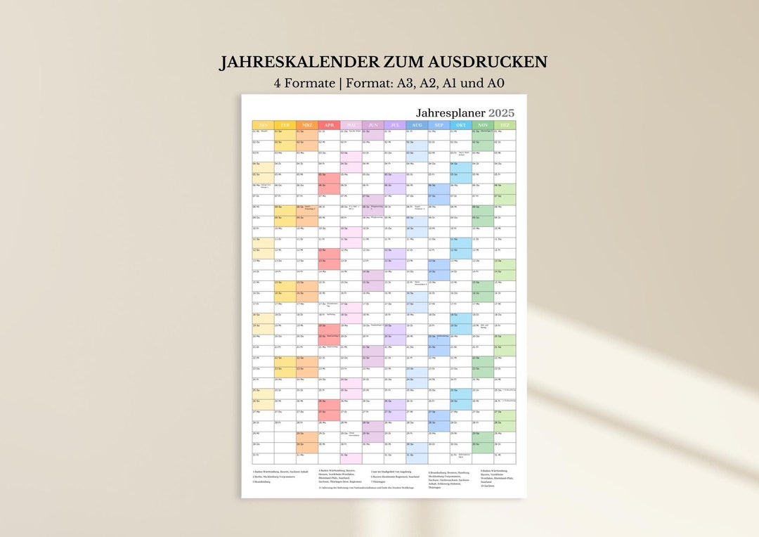 Wandplaner 2025 zum Ausdrucken | Jahreskalender 2025 Wandkalender A3