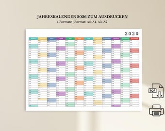 Printable 2026 calendar | 2026 wall calendar (A5, A4, A3, A2) | Landscape format / German 2026 planner