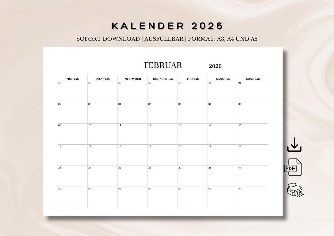 Calendar 2026 for Printing, Fillable PDF, A5, A4 and A3 Landscape