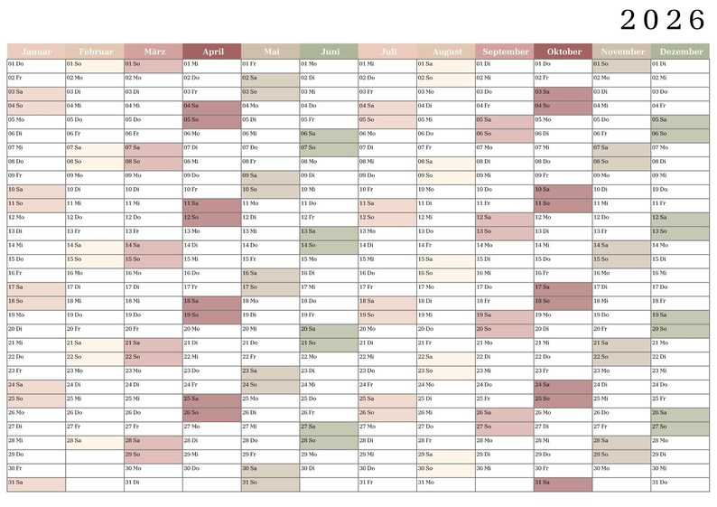 Calendrier 2026 à imprimer | Calendrier mural 2026 (A5, A4, A3, A2