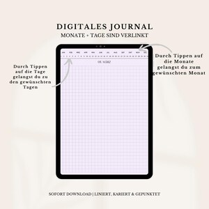 Op de afbeelding: Een digitale journaalsjabloon op een tabletscherm. De sjabloon is een kalender met een raster van vierkanten voor elke dag van de maand. De kalender is gelabeld "05. M&Auml;RZ" voor 5 maart. De tekst "DIGITALES JOURNAL" en "MONATE + TAGE SIND VERLINKT" staat bovenaan het scherm. De tekst "SOFORT DOWNLOAD | LINIERT, KARIERT & GEPUNKTET" staat onderaan het scherm.