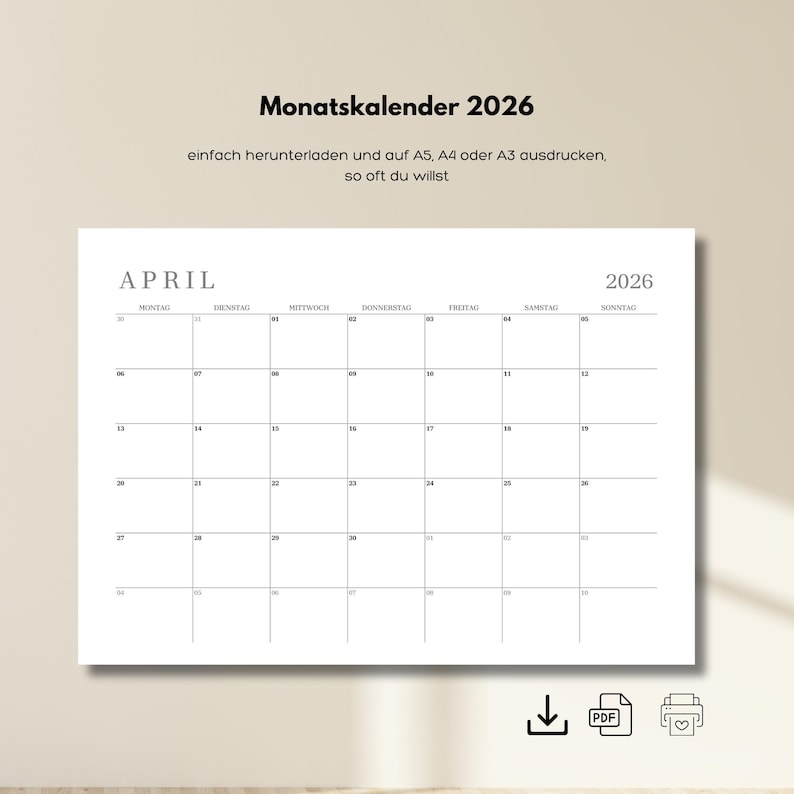 Kalender 2026 zum Ausdrucken – PDF Monatskalender zum Sofort-Download
