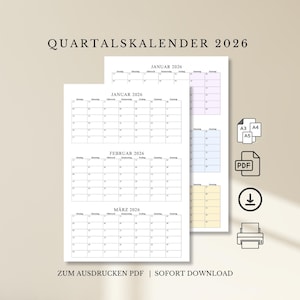 Könnte beinhalten: Ein druckbarer Quartalskalender 2026 im minimalistischen Design. Der Kalender enthält die Monate Januar, Februar und März. Der Text "QUARTALSKALENDER 2026" steht oben. Zusätzliche Symbole zeigen PDF- und Druckoptionen an.