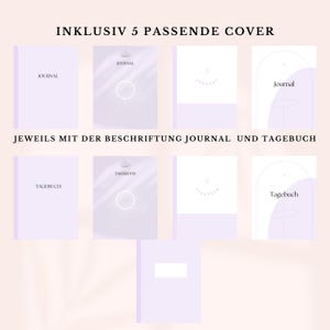 Op de afbeelding: Vijf verschillende journal coverontwerpen met een lichtpaarse achtergrond. De covers bevatten verschillende ontwerpen, waaronder een lotusbloem, een cirkel en een halve cirkel. De tekst "JOURNAL" en "TAGEBUCH" staat op elke cover gedrukt.
