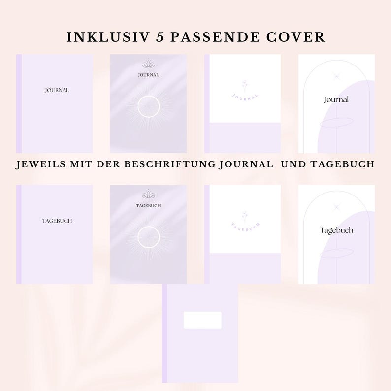 Op de afbeelding: Vijf verschillende journal coverontwerpen met een lichtpaarse achtergrond. De covers bevatten verschillende ontwerpen, waaronder een lotusbloem, een cirkel en een halve cirkel. De tekst "JOURNAL" en "TAGEBUCH" staat op elke cover gedrukt.