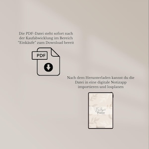 Op de afbeelding: Een digitale download van een budgetplanner in PDF-formaat. De afbeelding toont een PDF-pictogram met een downloadpijl en een screenshot van een digitale planner-app met de tekst "Budget Planner".