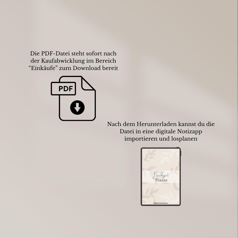 Op de afbeelding: Een digitale download van een budgetplanner in PDF-formaat. De afbeelding toont een PDF-pictogram met een downloadpijl en een screenshot van een digitale planner-app met de tekst "Budget Planner".