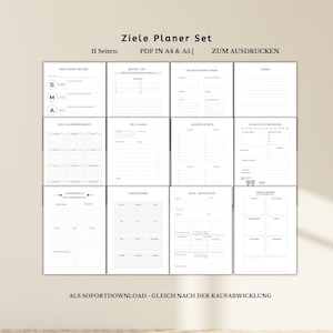 Könnte beinhalten: Ein Set ausdruckbarer Planerseiten in Schwarz und Weiß. Die Seiten enthalten Abschnitte für die Zielsetzung, Bucket Lists und Vision Boards. Der Text auf dem Bild lautet "Ziele Planer Set" und "PDF IN A4 & A5".